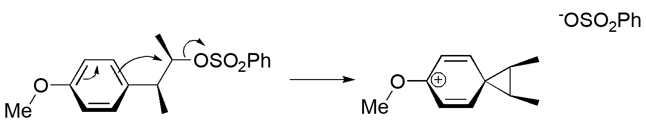 Reaction of a 2-phenethyl sulfonate to make a 3-member ring that is now achiral (mirror plane through the plane of the 6-member ring).