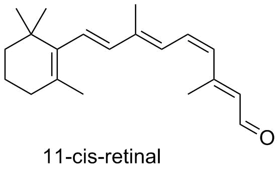 Retinal structure: a terpenoid structure with extended conjugation of 5 pi bonds, one of which is cis.