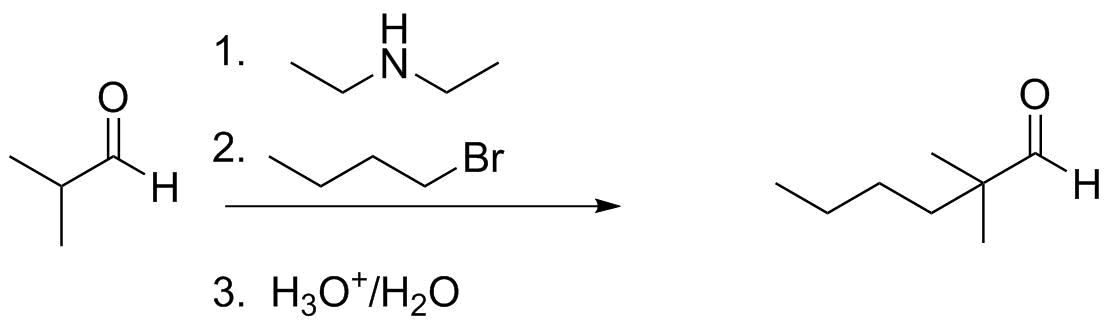 3-step process: condense amine with 2-methylpropanal; alkylate with 1-bromobutane; hydrolyze back to the aldehyde.