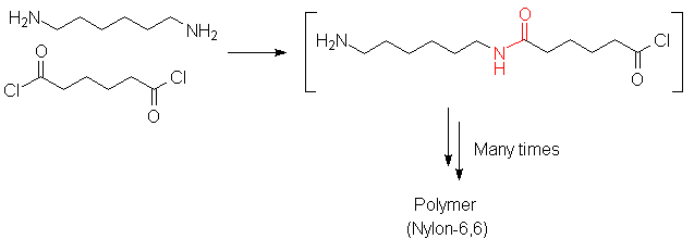 Hexane-1,6-dioyl chloride reacts with 1,6-hexanediamine to form initially an amide, then sequentially many amides.  This results in nylon 6,6.