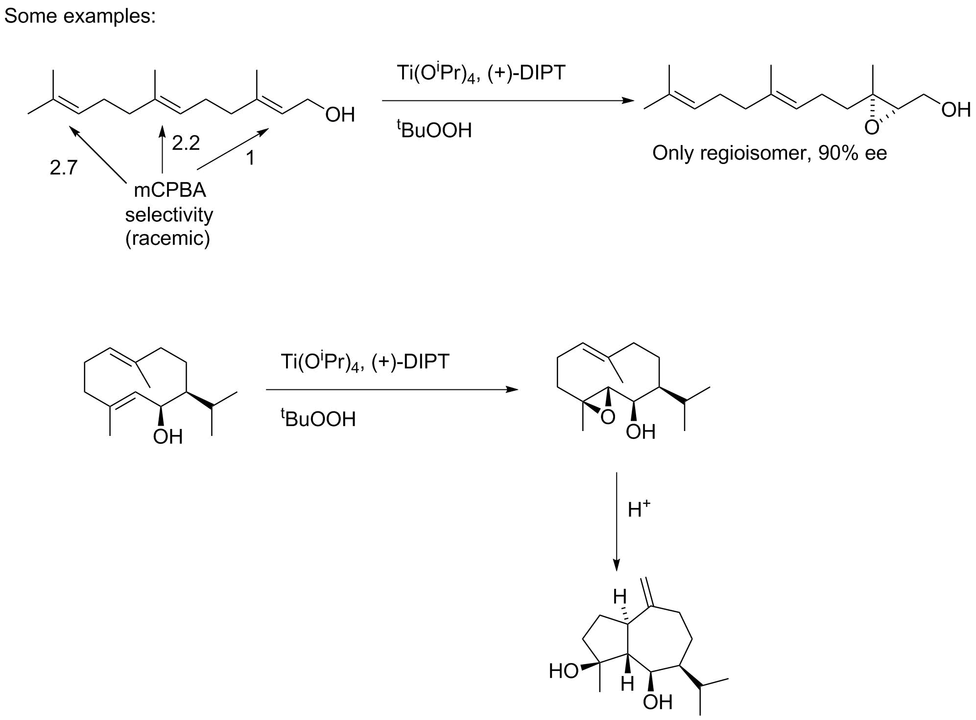 Examples: Geraniol has a 2.7:2.2:1 selectivity (no ee) with mCPBA; Sharpless epoxidation is fully selective for the allyl alcohol with 90% ee.  Another cyclic example is used to generate a natural product in two steps.